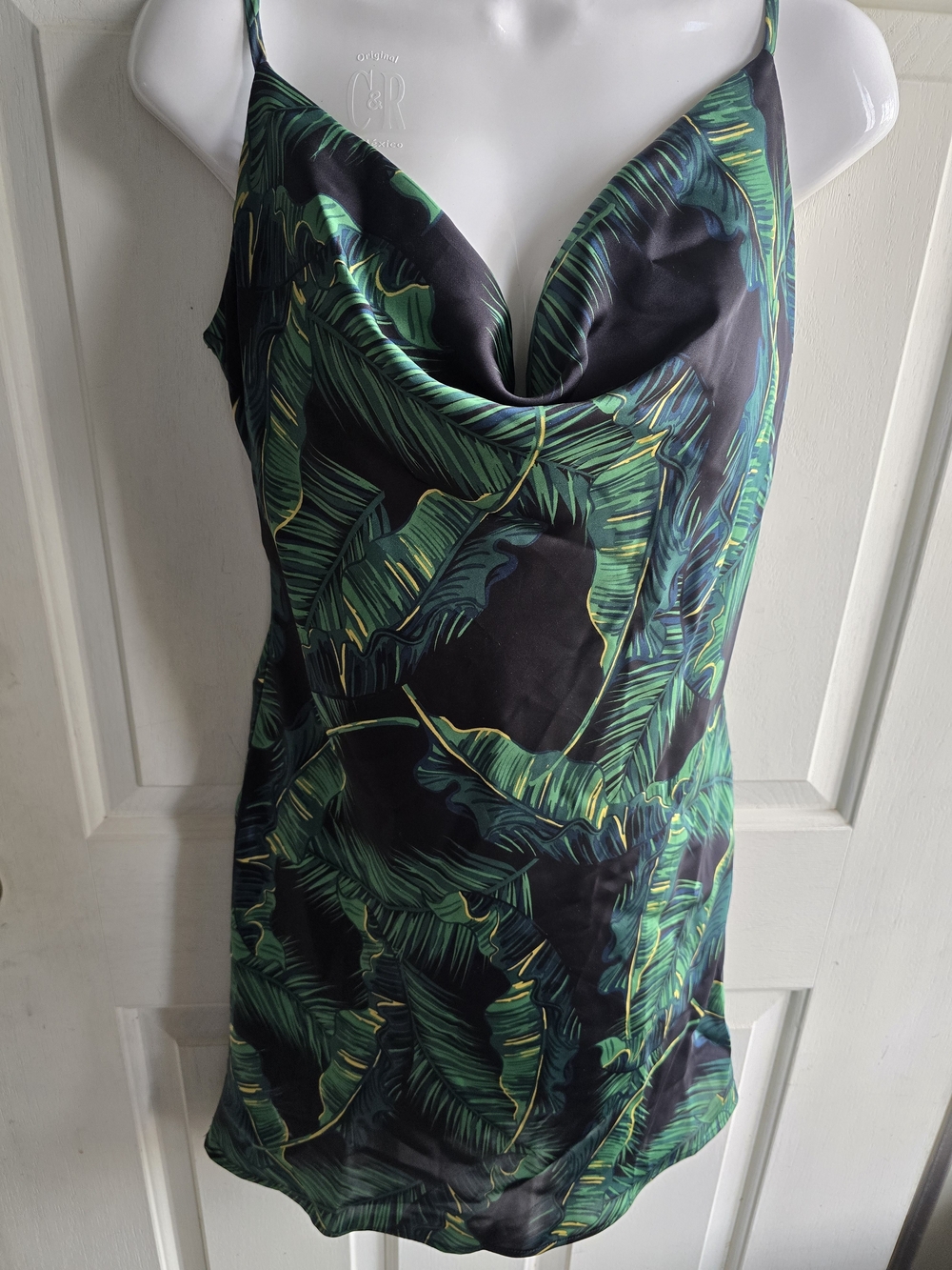 Guess Green Leaf Print Cowl Neck Slip Dress